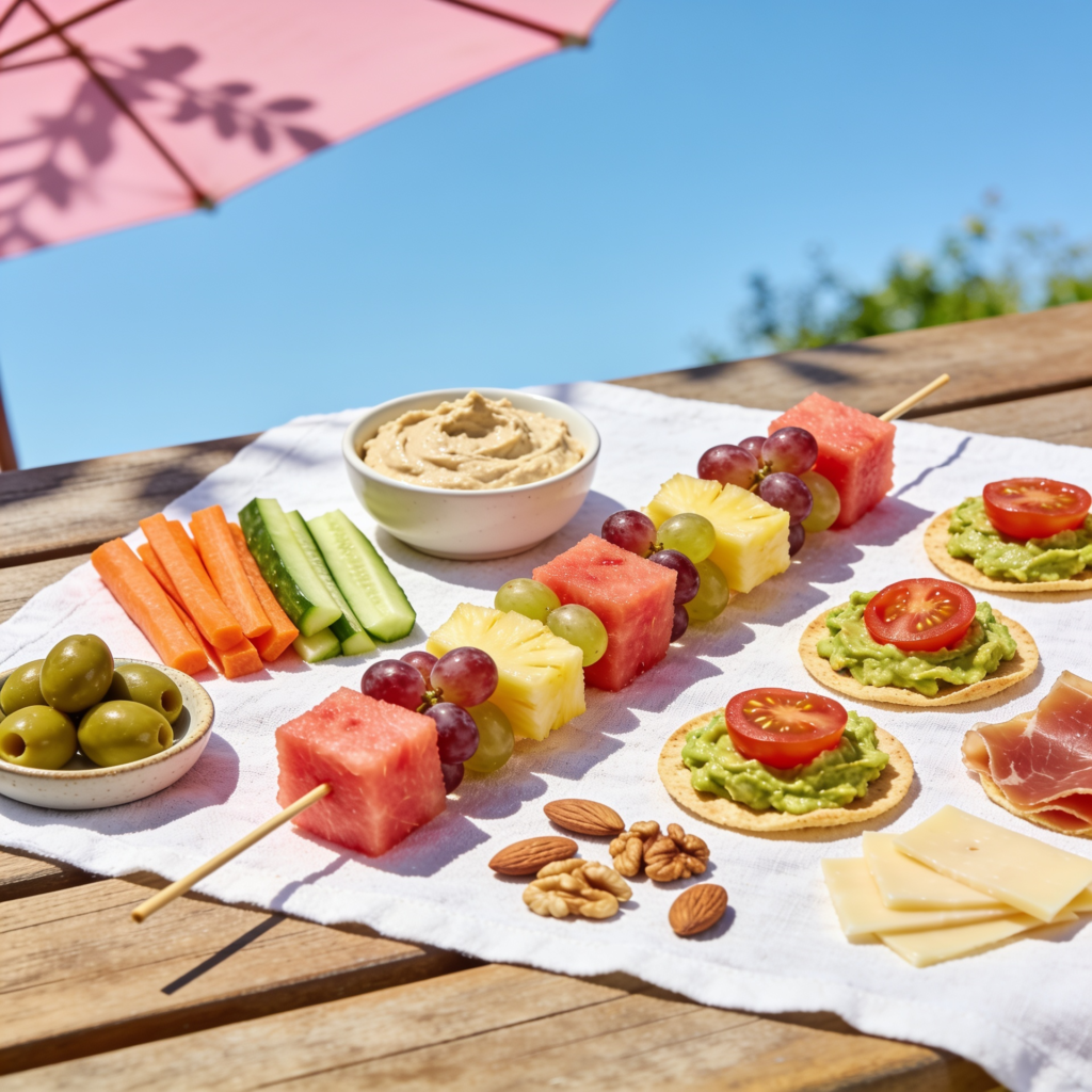 Snacks saludables dulces y salados preparados para llevar a la piscina en verano