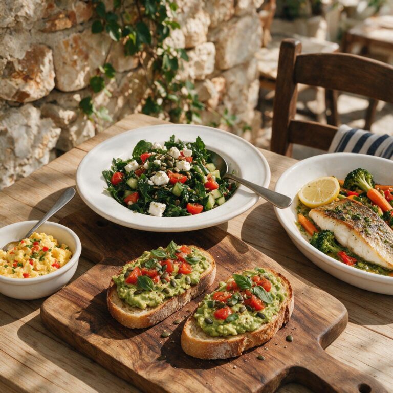 Comida rápida y saludable preparada con verduras frescas, aguacate, tomate y otros ingredientes